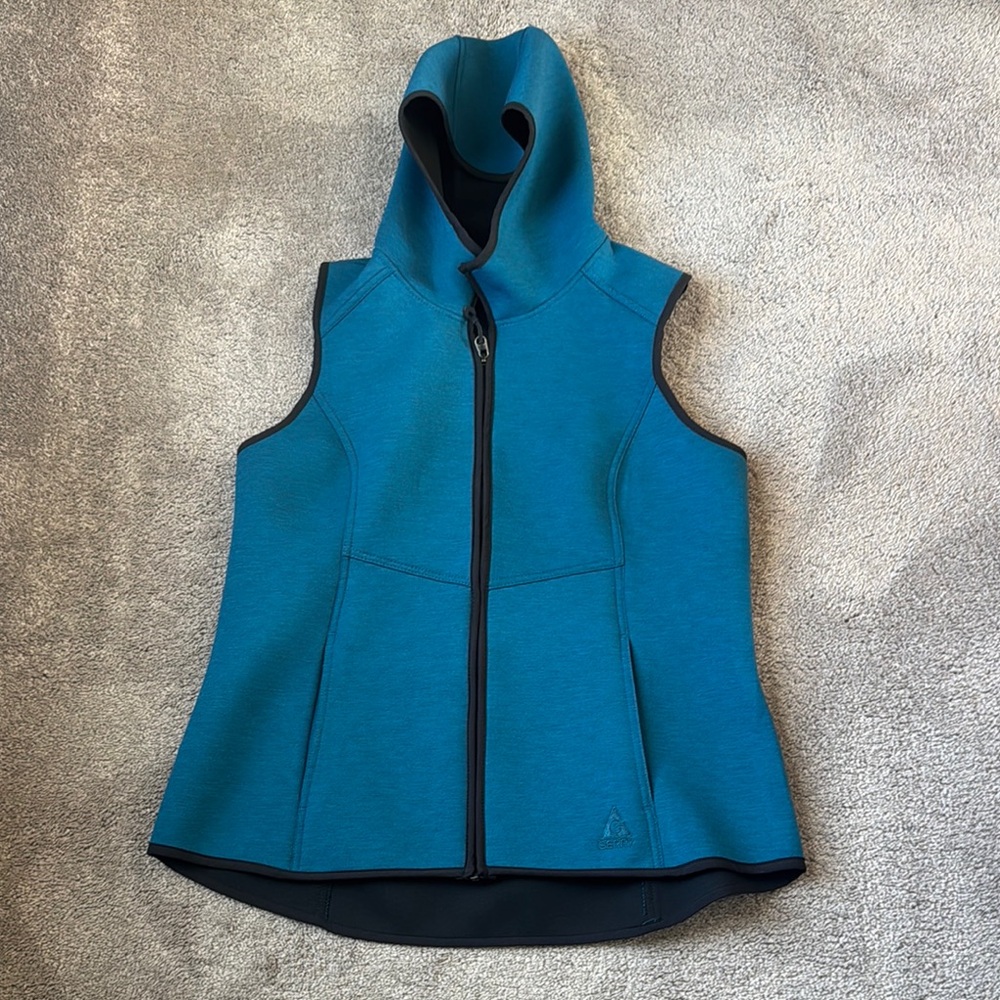Gerry Weber Teal Scuba Knit Hooded Zip Front Vest Jacket SIZE L